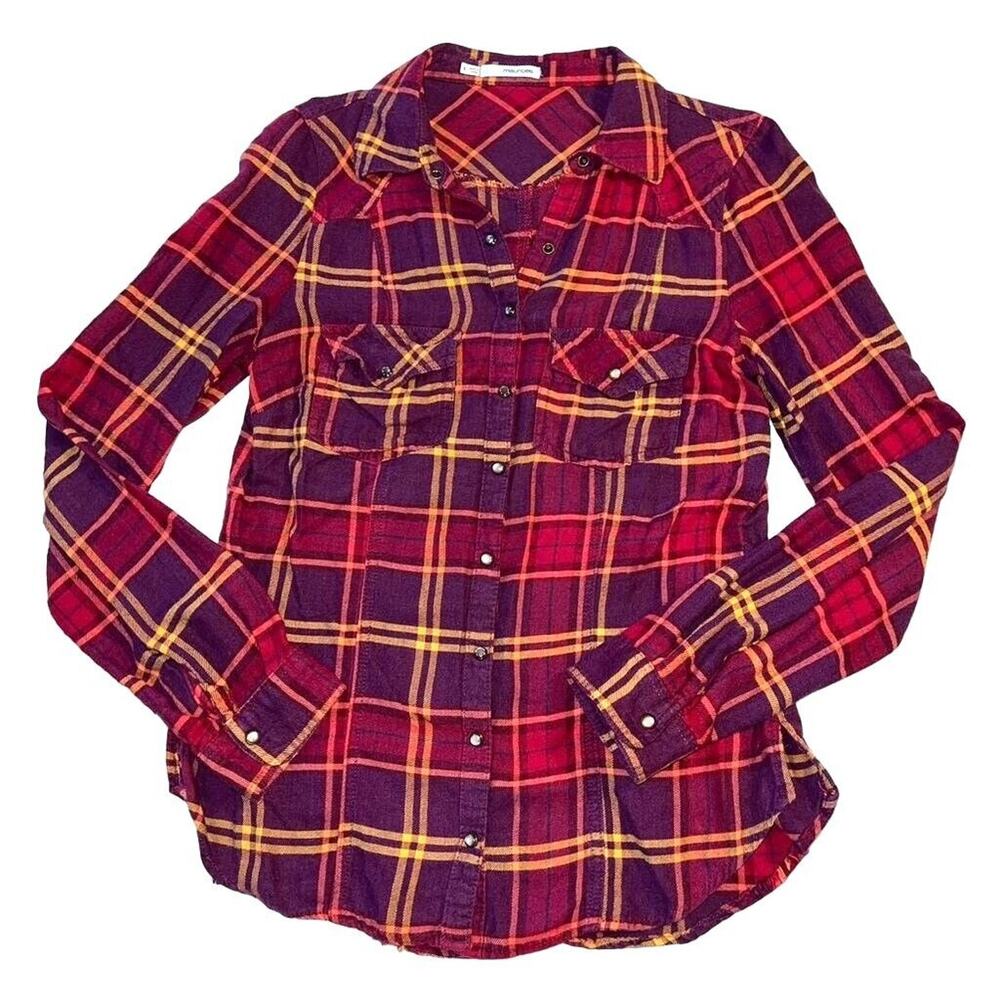 Maurices Womens Button Up Flannel Shirt Top Red Plaid Long Sleeve Collared Small